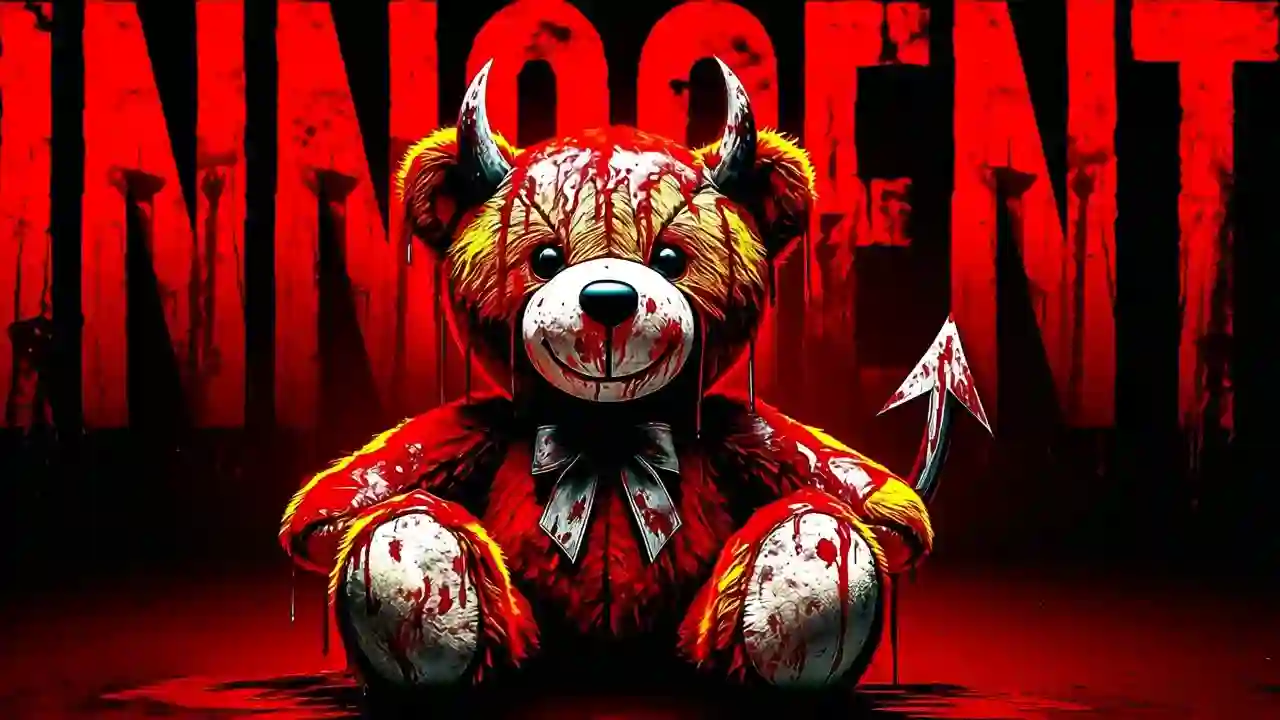 A bloodstained devil teddy bear centered in the foreground with the text "INNOCENT" text behind him.