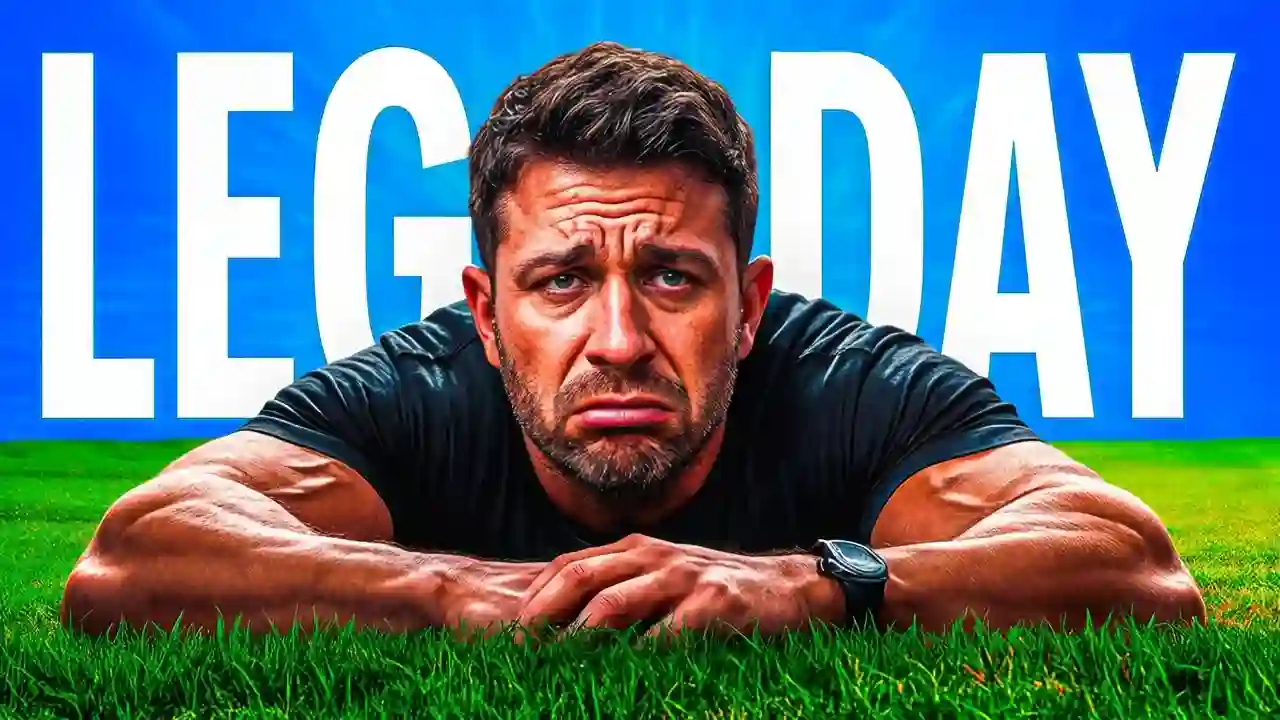 A bodybuilder is lying down on a grassy field, sad expression. The text "LEG DAY" is printed behind him. Blue sky