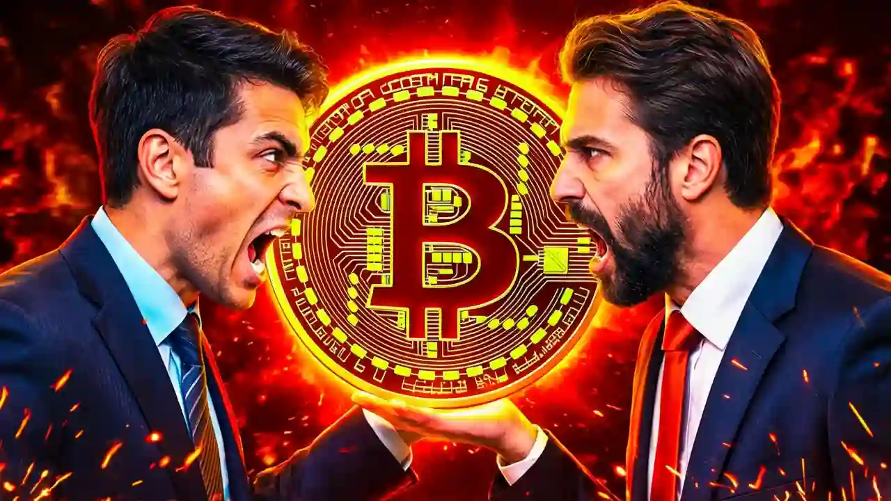 Intense face-off between two business rivals with a glowing digital coin symbol behind them, fiery red and orange background, sparks flying,